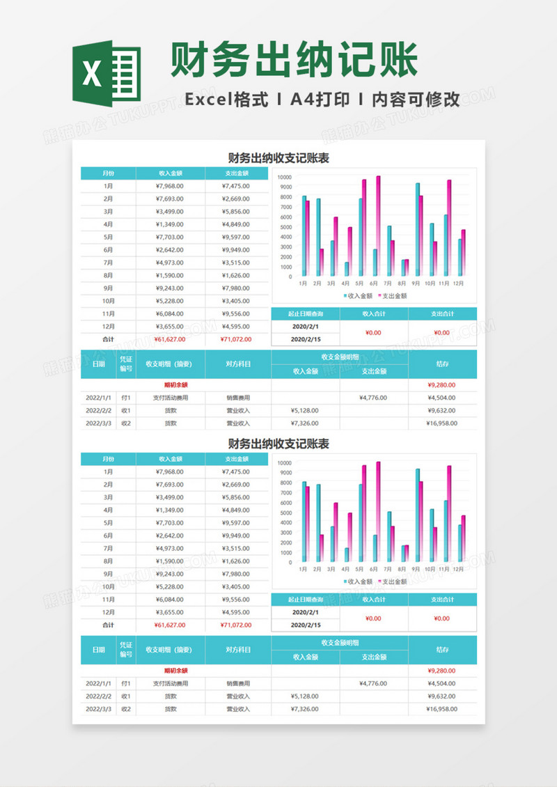 财务出纳收支记账表Excel模板