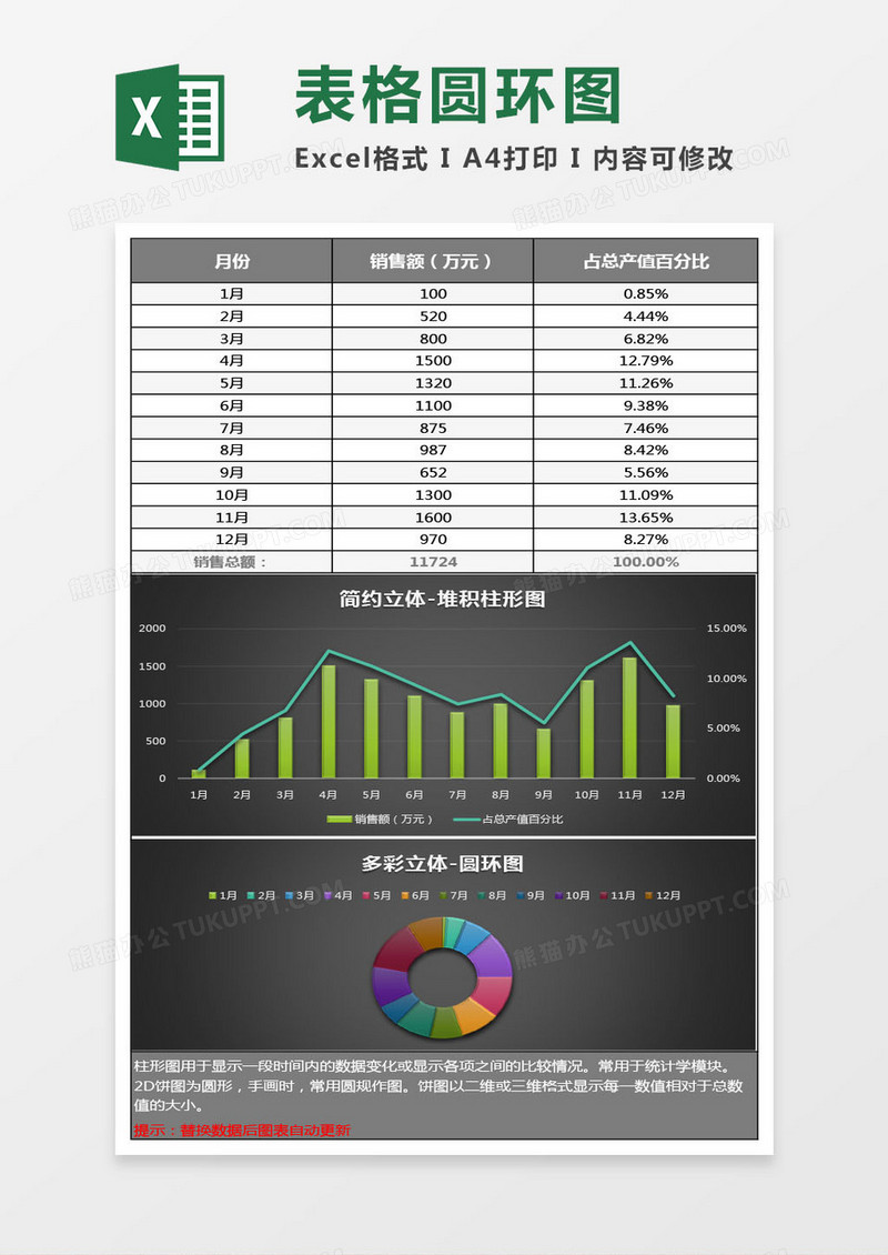 黑色销售表格堆积柱形圆环图Excel模板