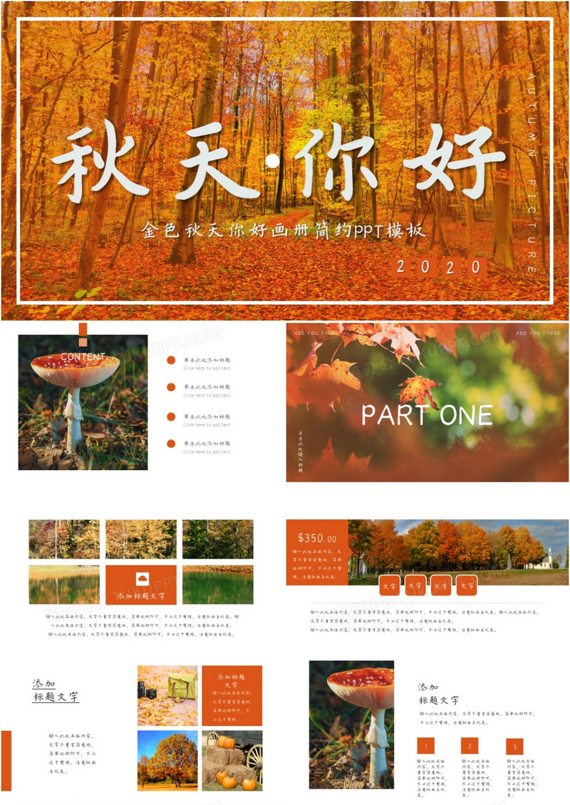 金色秋天你好画册简约PPT模板