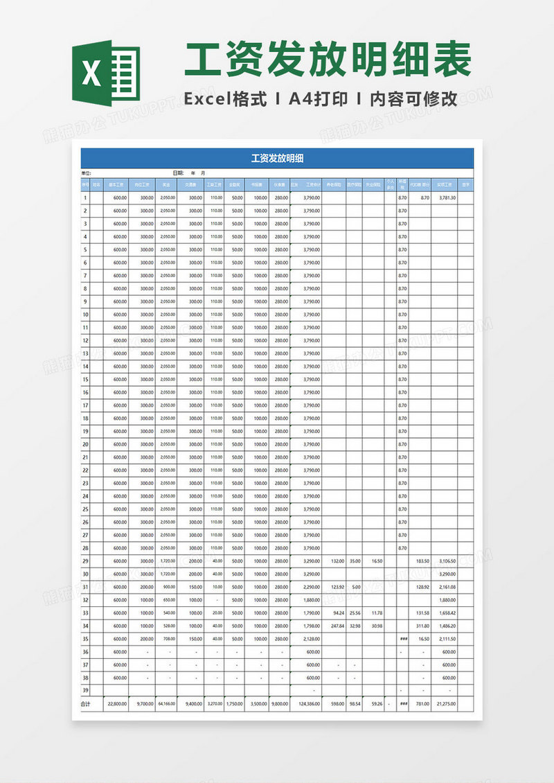 工资发放明细表excel表模板