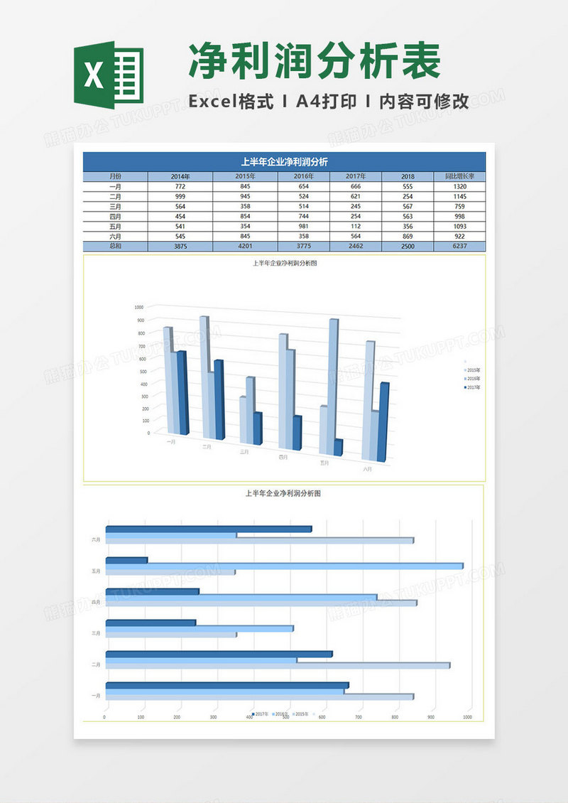 立体上半年企业净利润分析表Excel模板