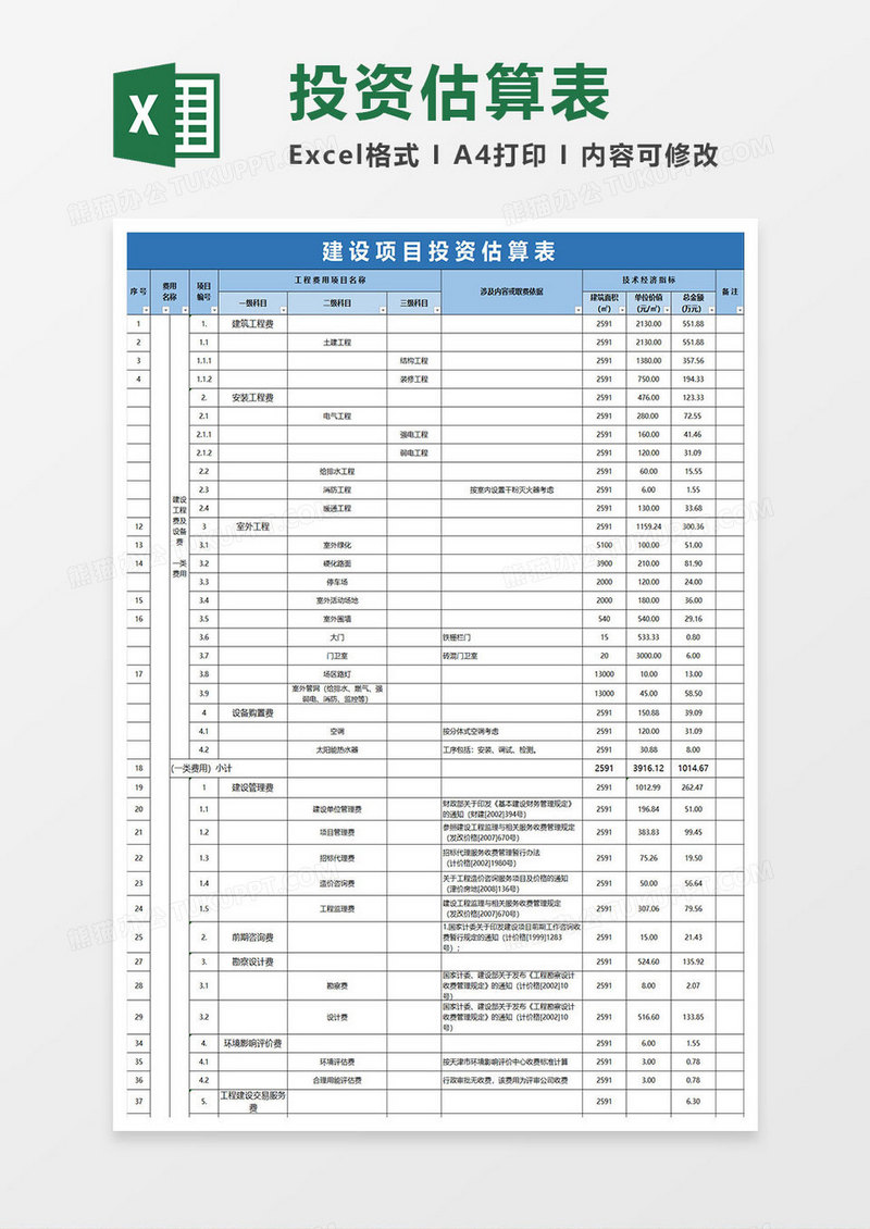 简洁投资估算表模板