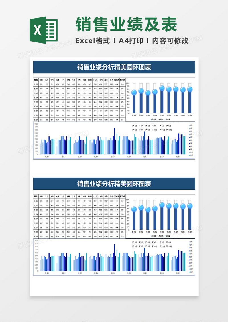 蓝色商务业绩分析精美圆环图表