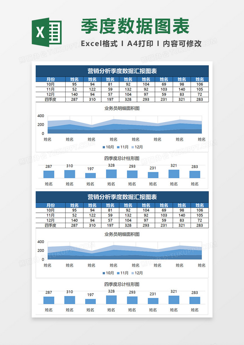 蓝色简约营销分析季度数据汇报图表