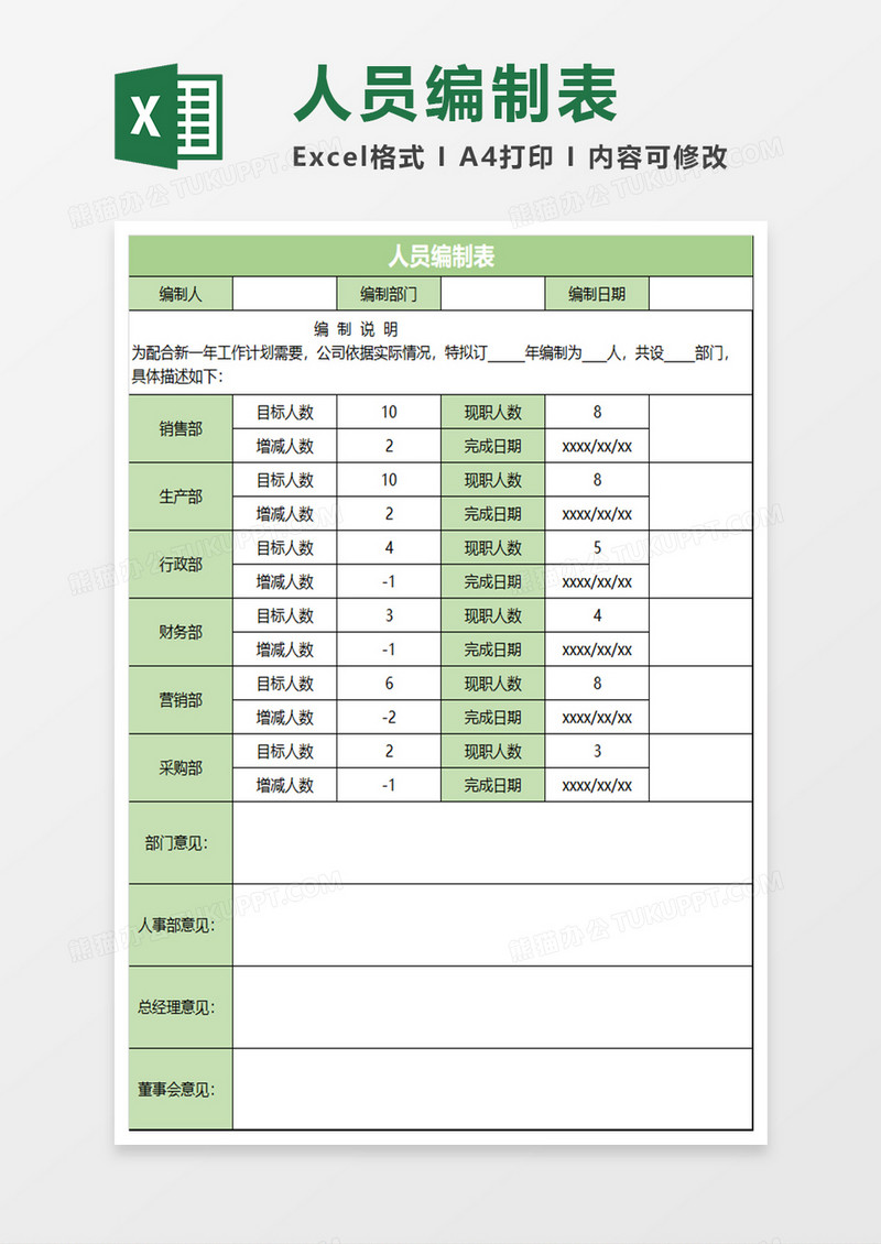 绿色简约人员编制表excel模板