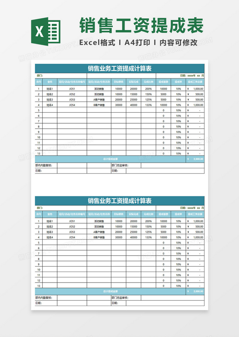 水绿色简约销售业务工资提成计算表