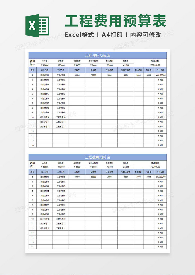 淡蓝简约工程费用预算表