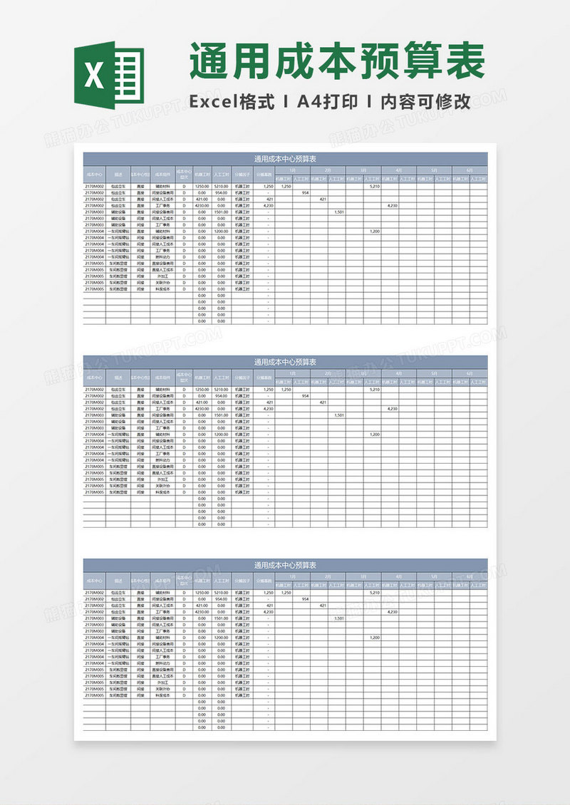 蓝灰简约通用成本中心预算表