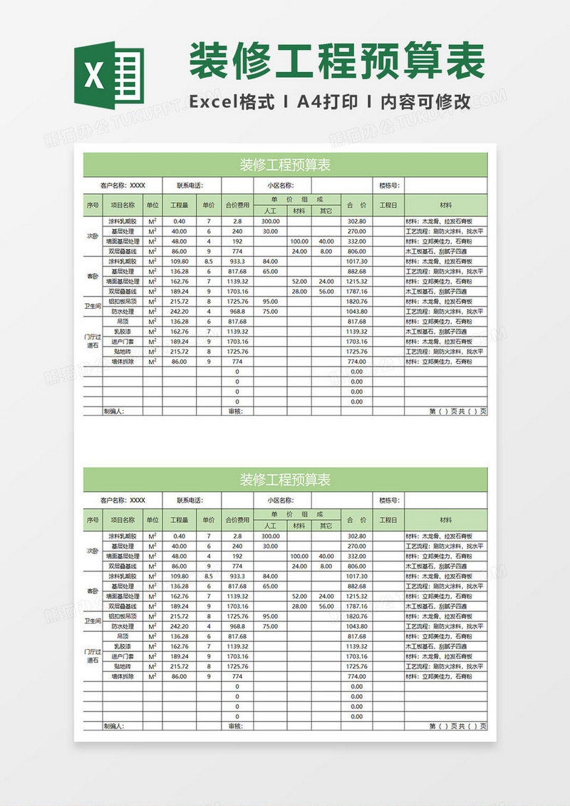 浅绿简约装修工程预算表