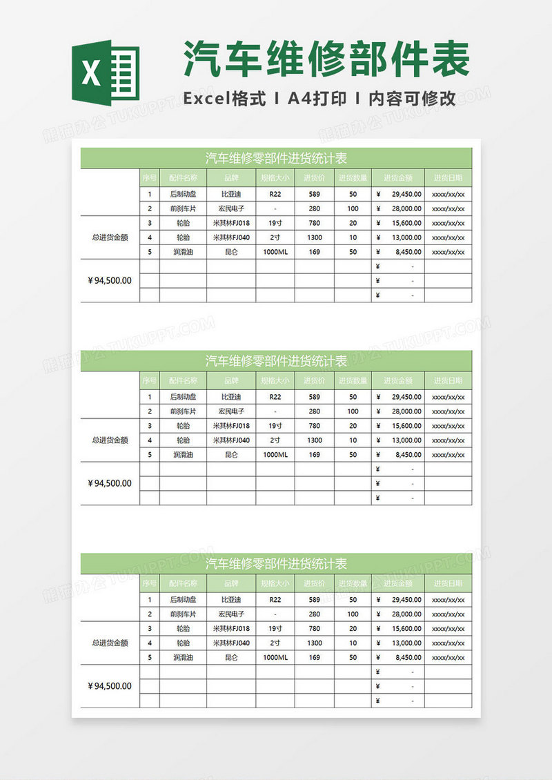 淡绿简约汽车零部件进货统计表