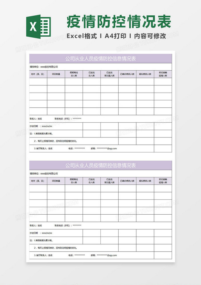 淡紫简约公司从业人员疫情防控信息情况表