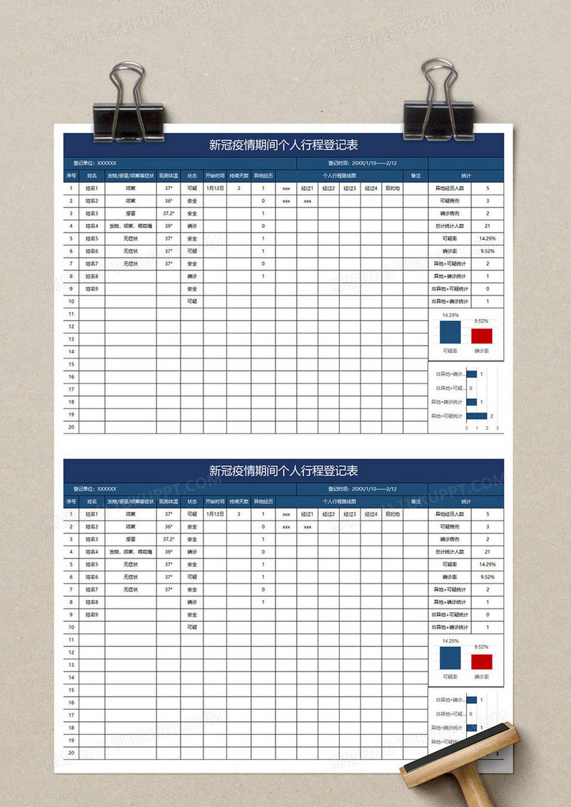 蓝色简约新冠疫情期间个人行程登记表模板下载_行程_图客巴巴