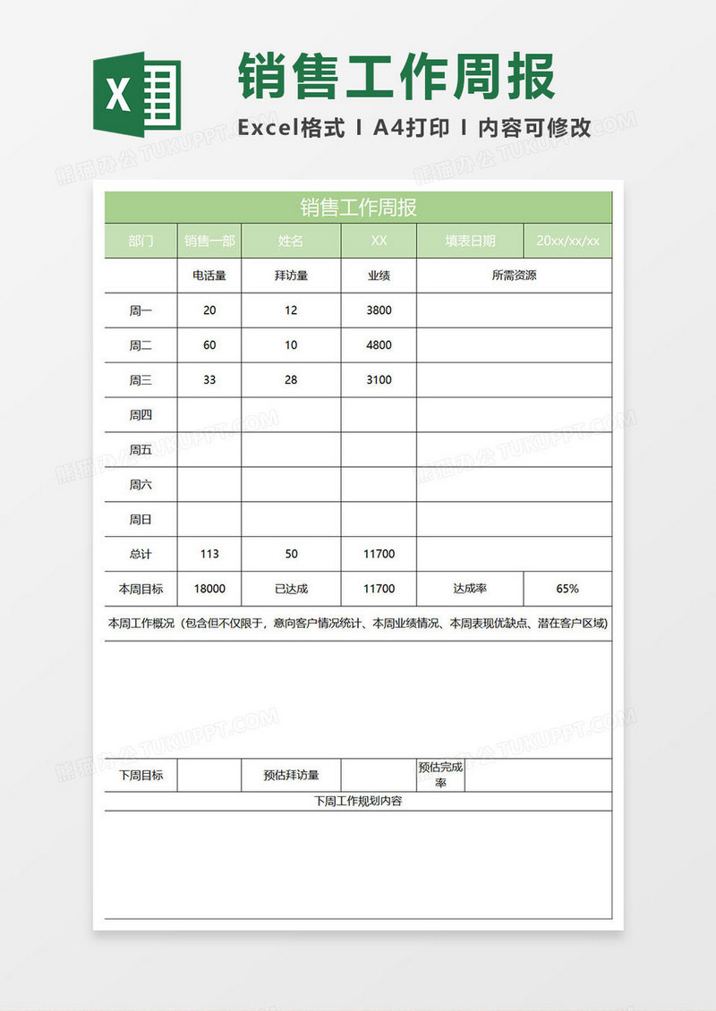 淡绿简约销售工作周报