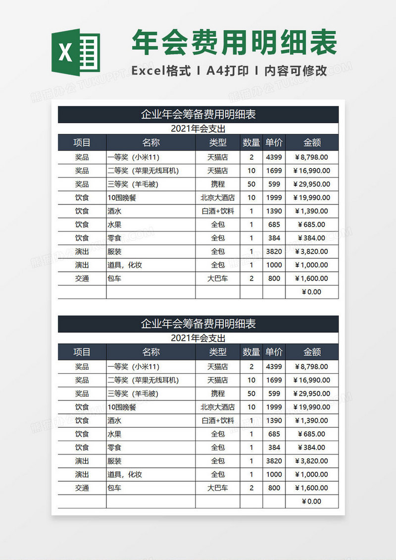 蓝灰简约企业年会筹备费用明细表