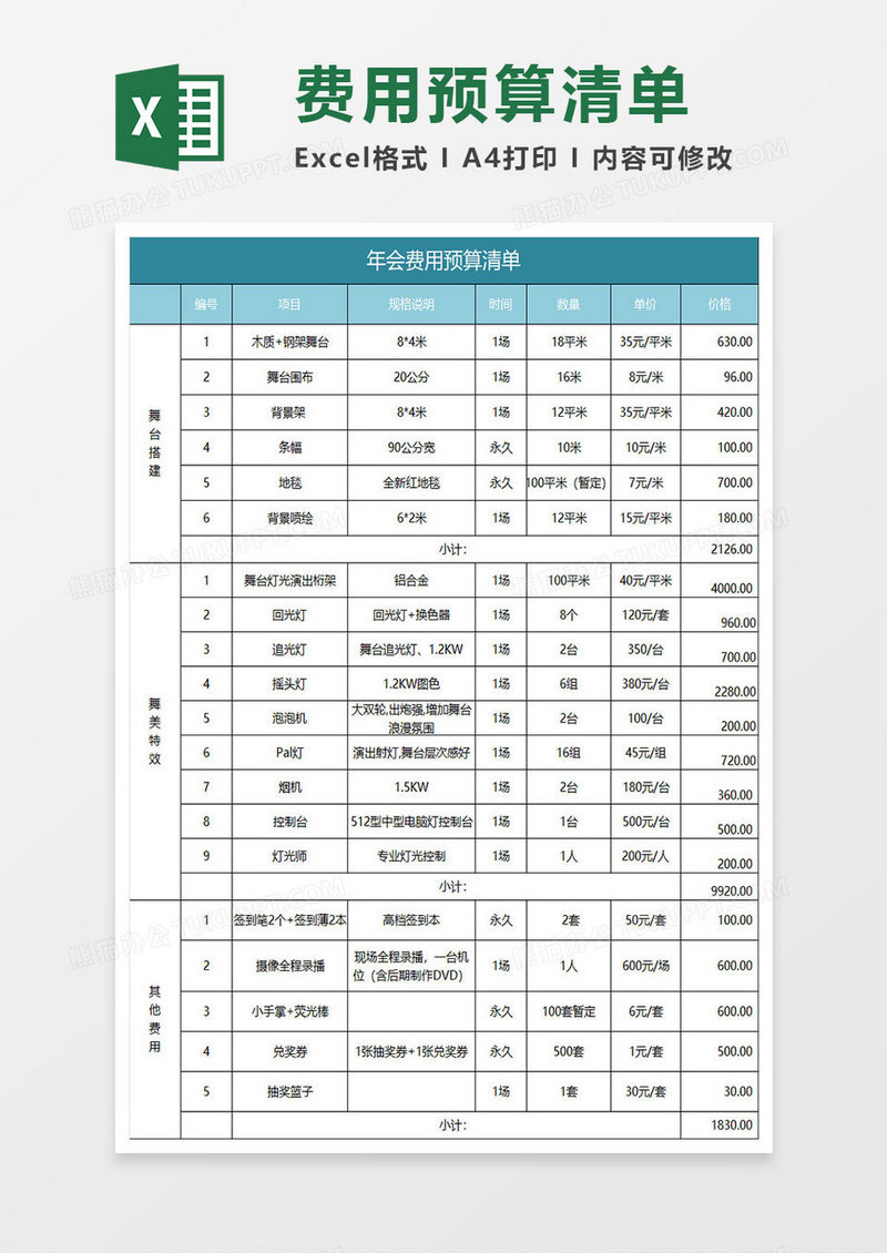 水绿色简约年会费用预算清单