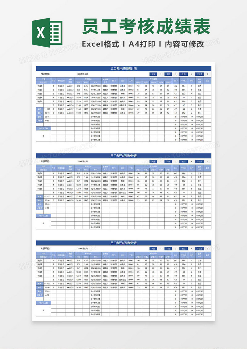 淡蓝简约员工考核成绩统计表