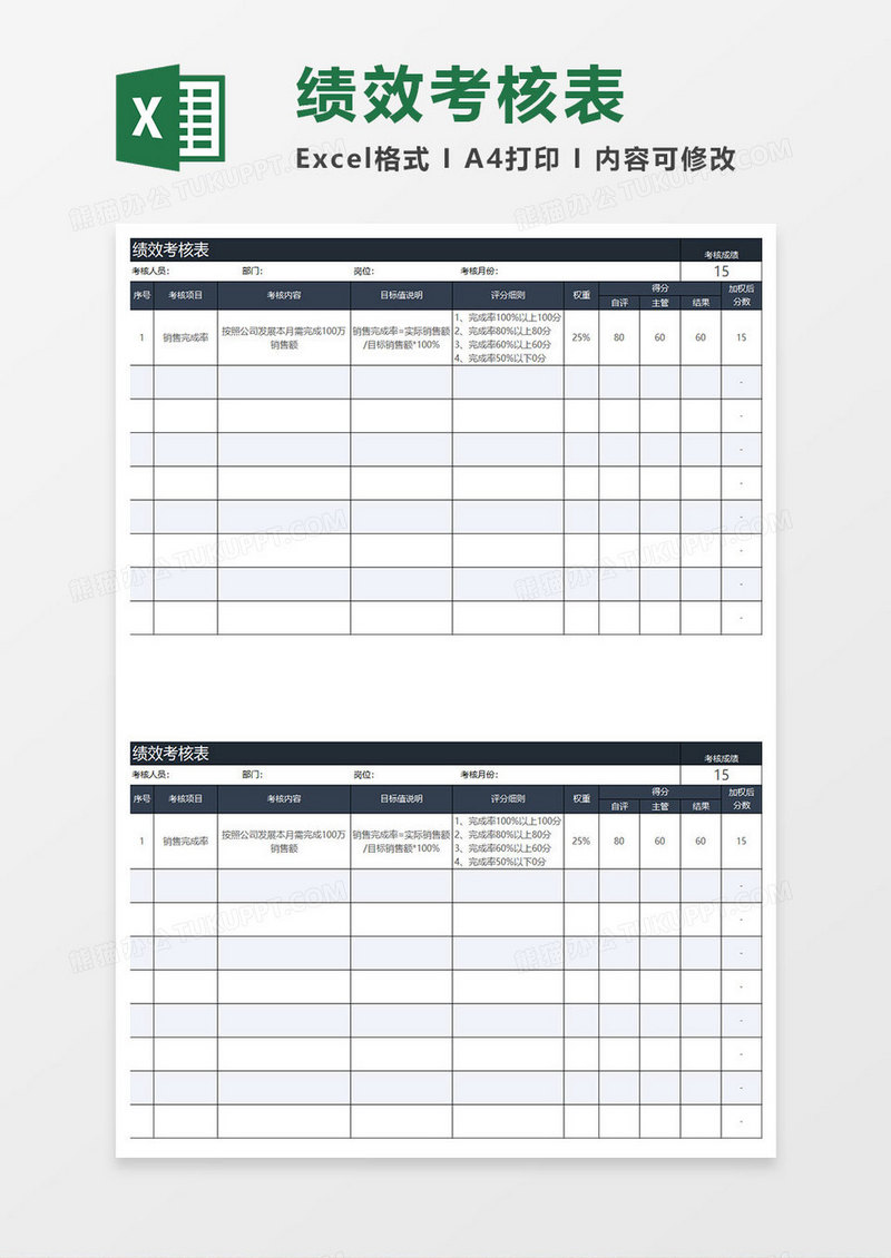 蓝灰简约绩效考核表