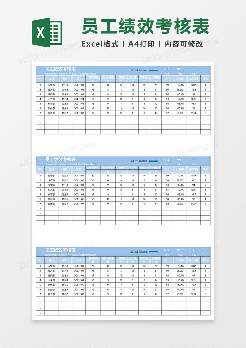 淡蓝简约员工绩效考核表