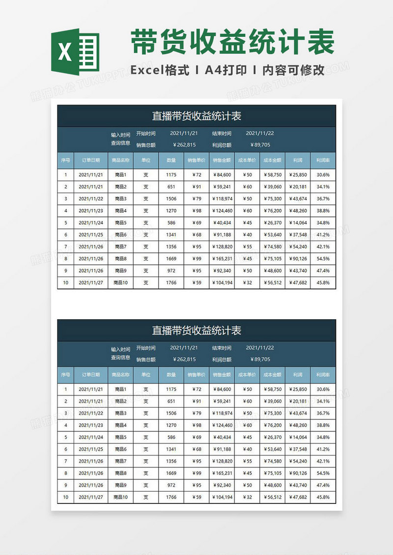 深青简约直播带货收益统计表