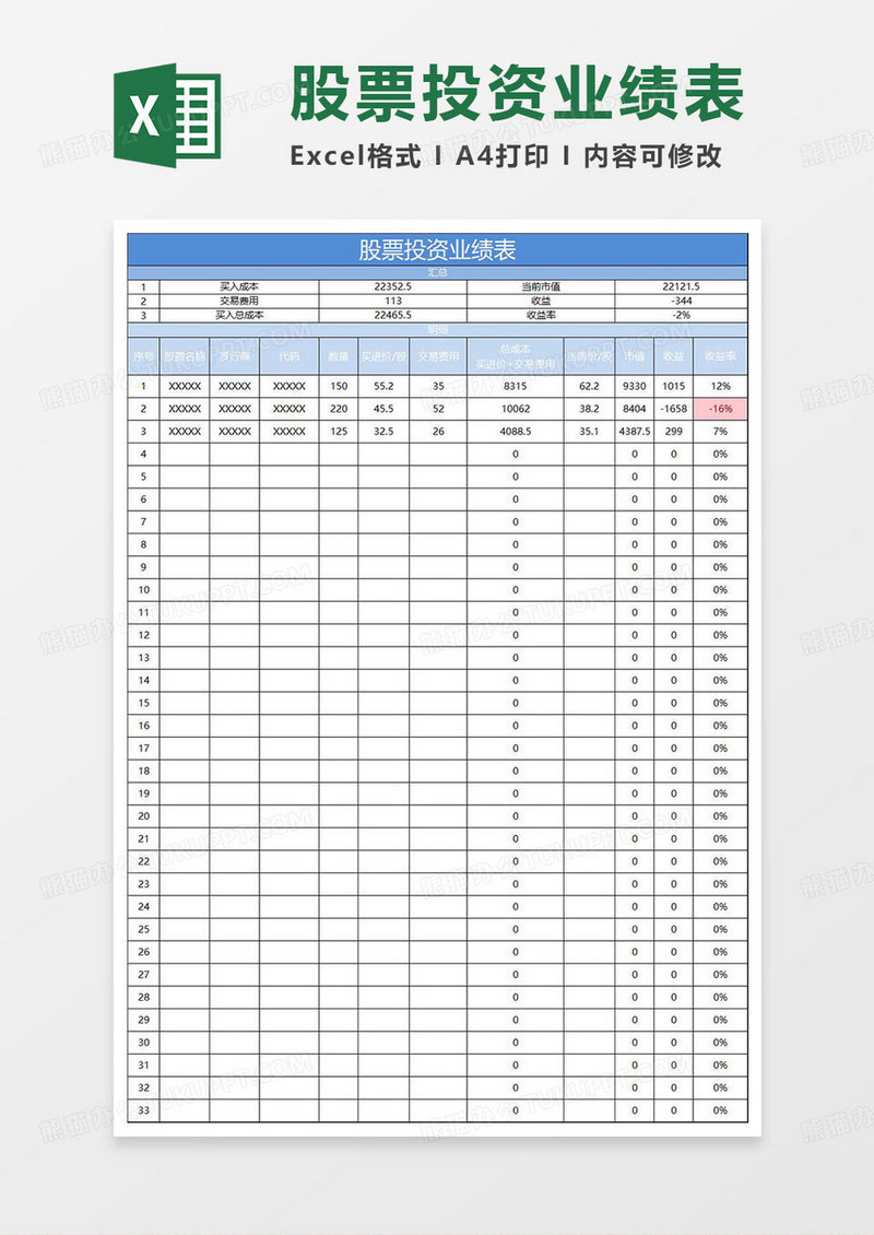 淡蓝简约股票投资业绩表