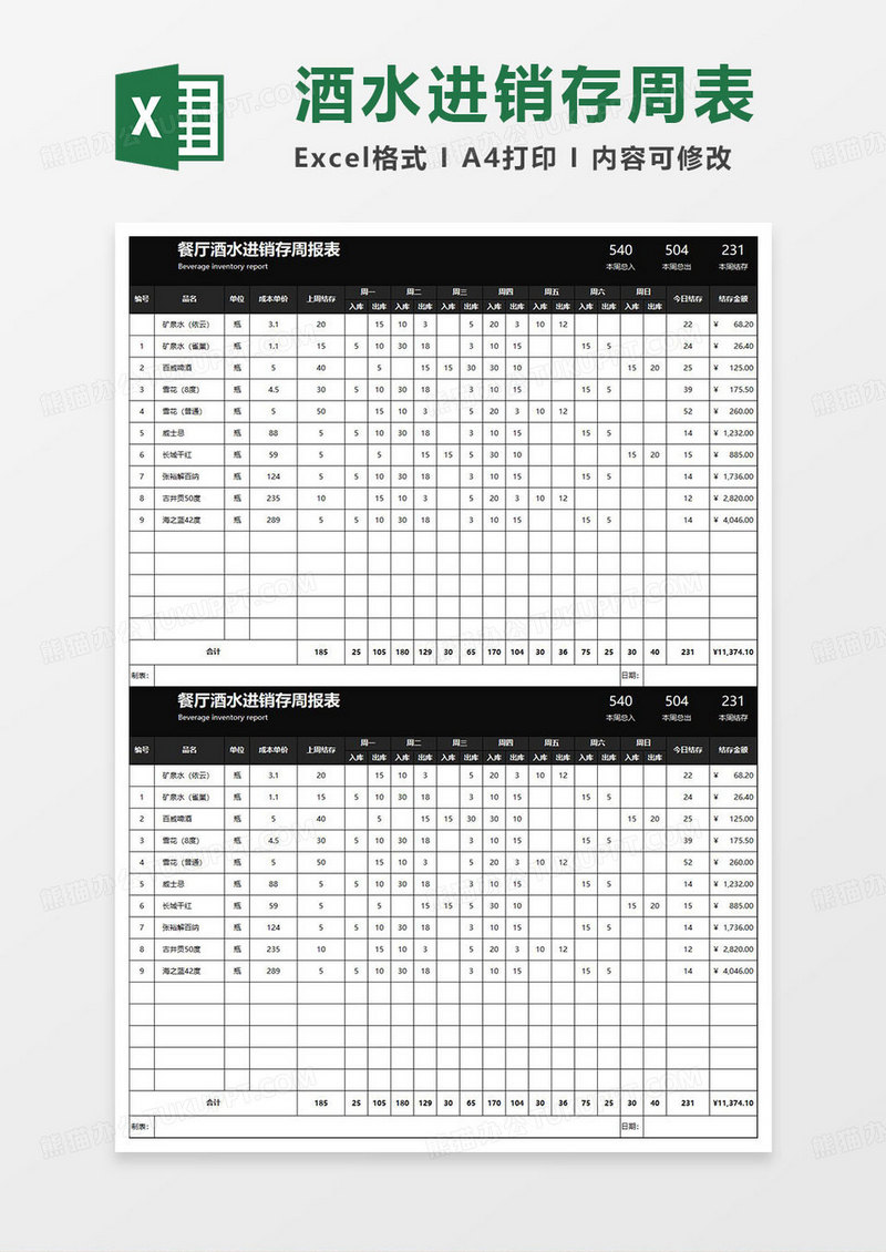 黑色简约餐厅酒水进销存周报表