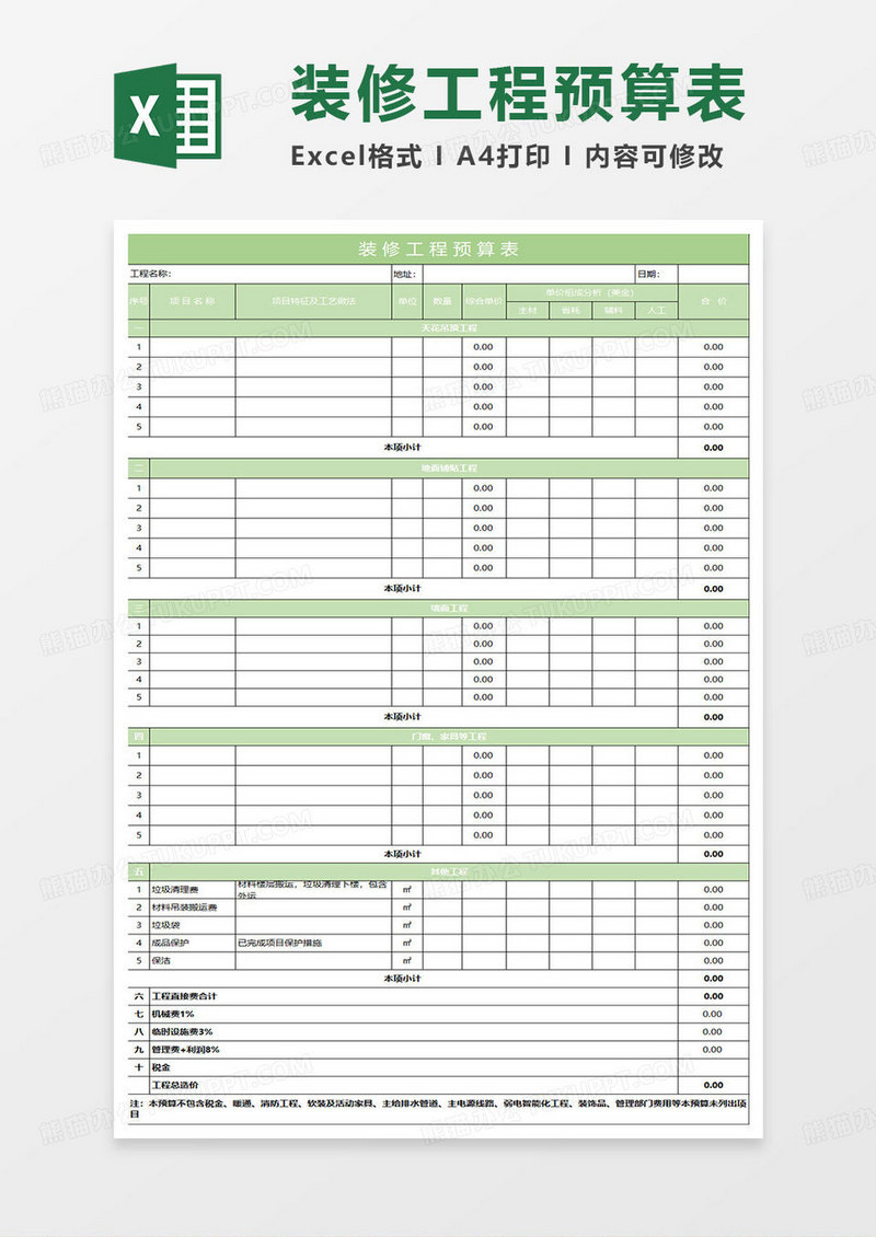 绿色简约装修工程预算表格