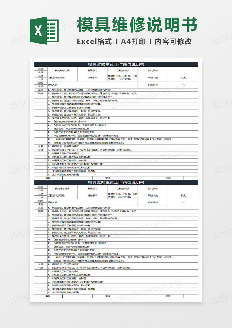 深蓝灰简约模具维修主管工作岗位说明书