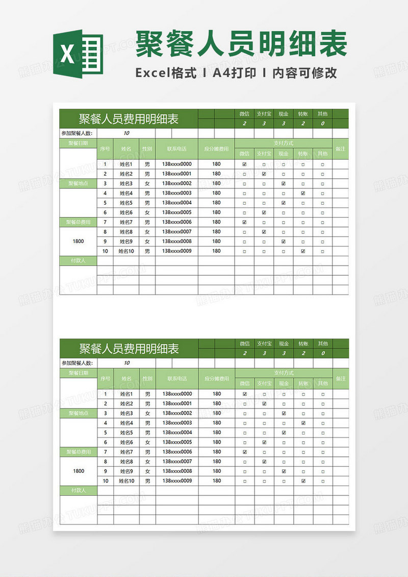 绿色简约聚餐人员费用明细表