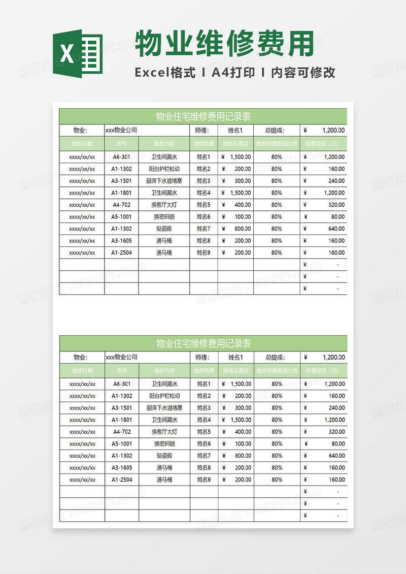 淡绿简约物业住宅维修费用记录表