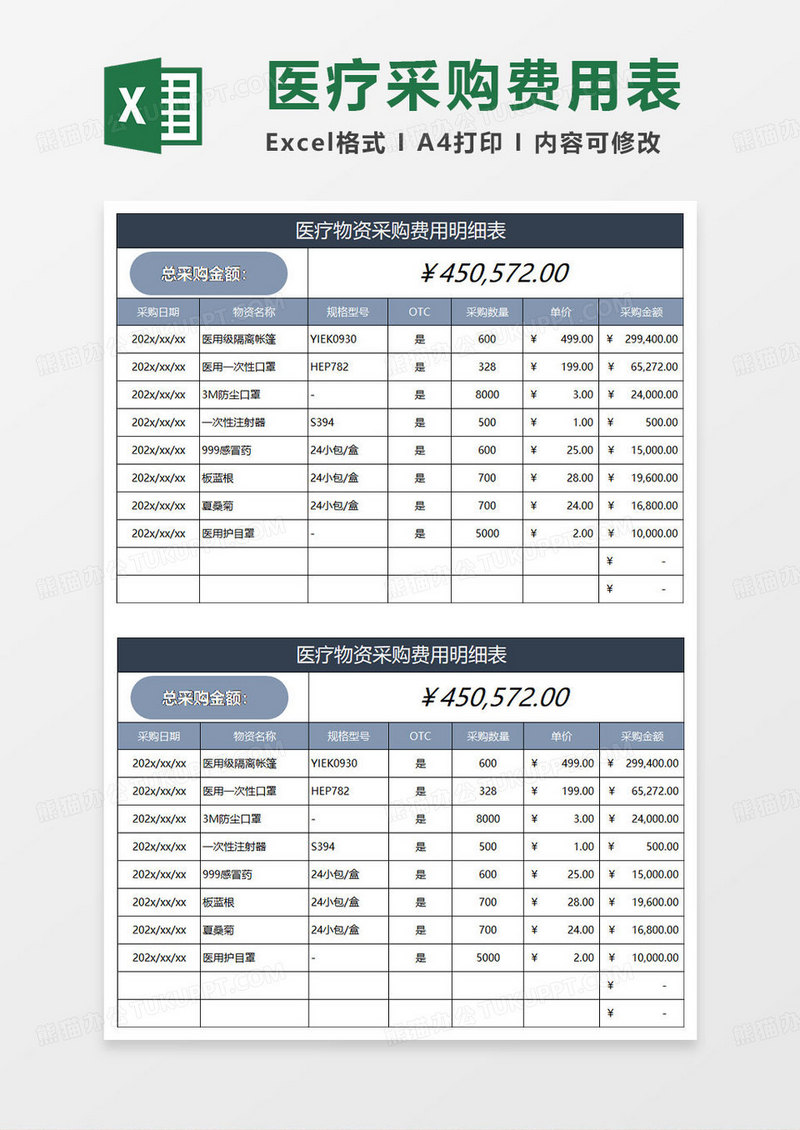 蓝灰简约医疗物资采购费用明细表