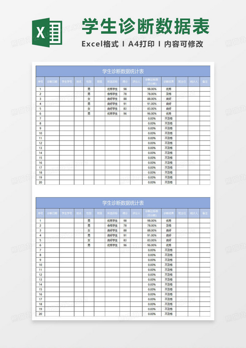 蓝色简约学生诊断数据统计表