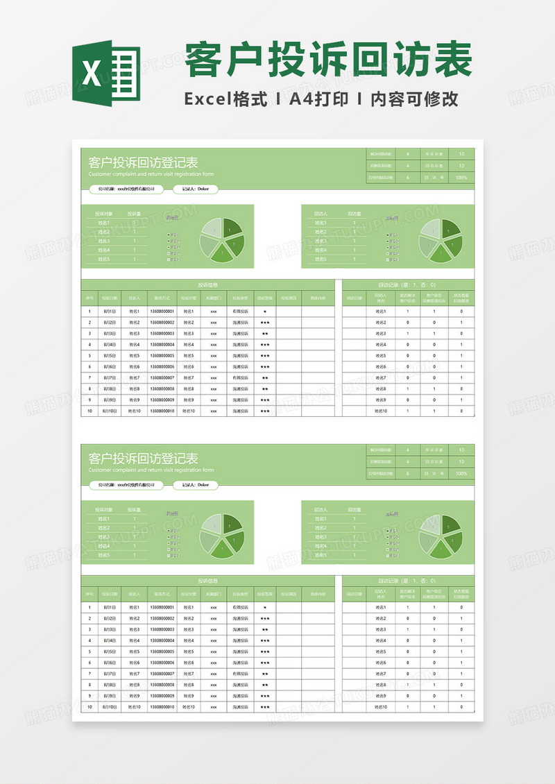 淡绿简约客户投诉回访登记表