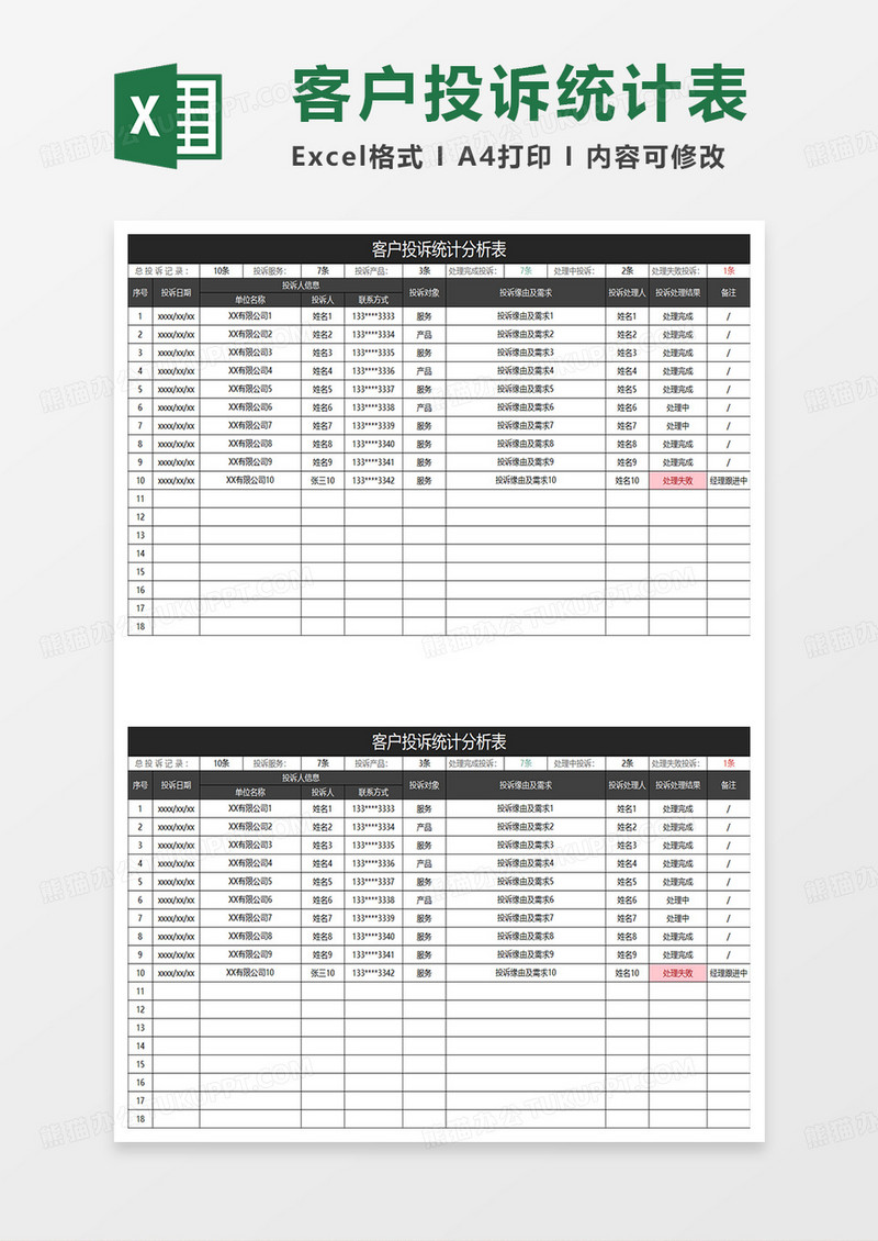 黑色简约客户投诉统计分析表