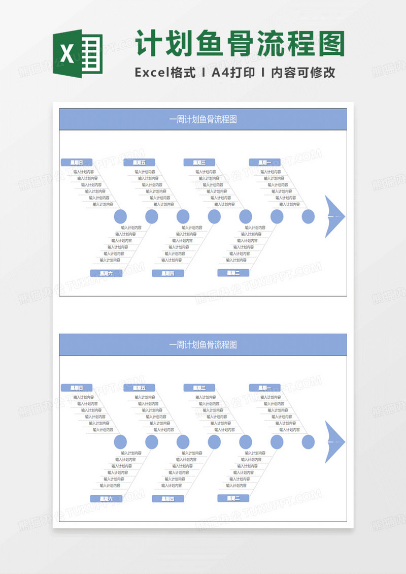 淡蓝简约一周计划鱼骨流程图