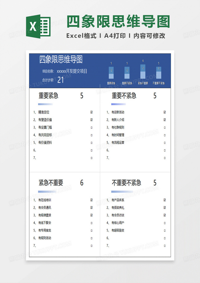 蓝色简约四象限思维导图