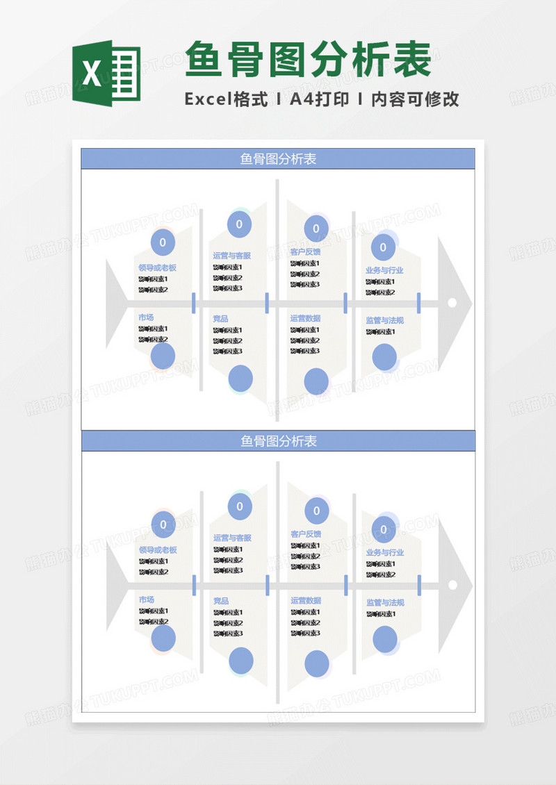 蓝色简约鱼骨图分析表