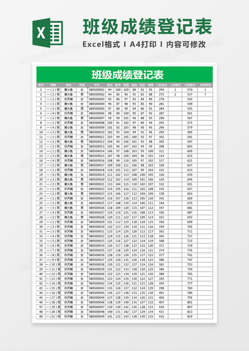 班级成绩登记Excel表格