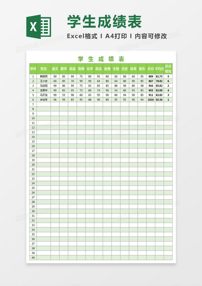 学生成绩统计表Execl表格