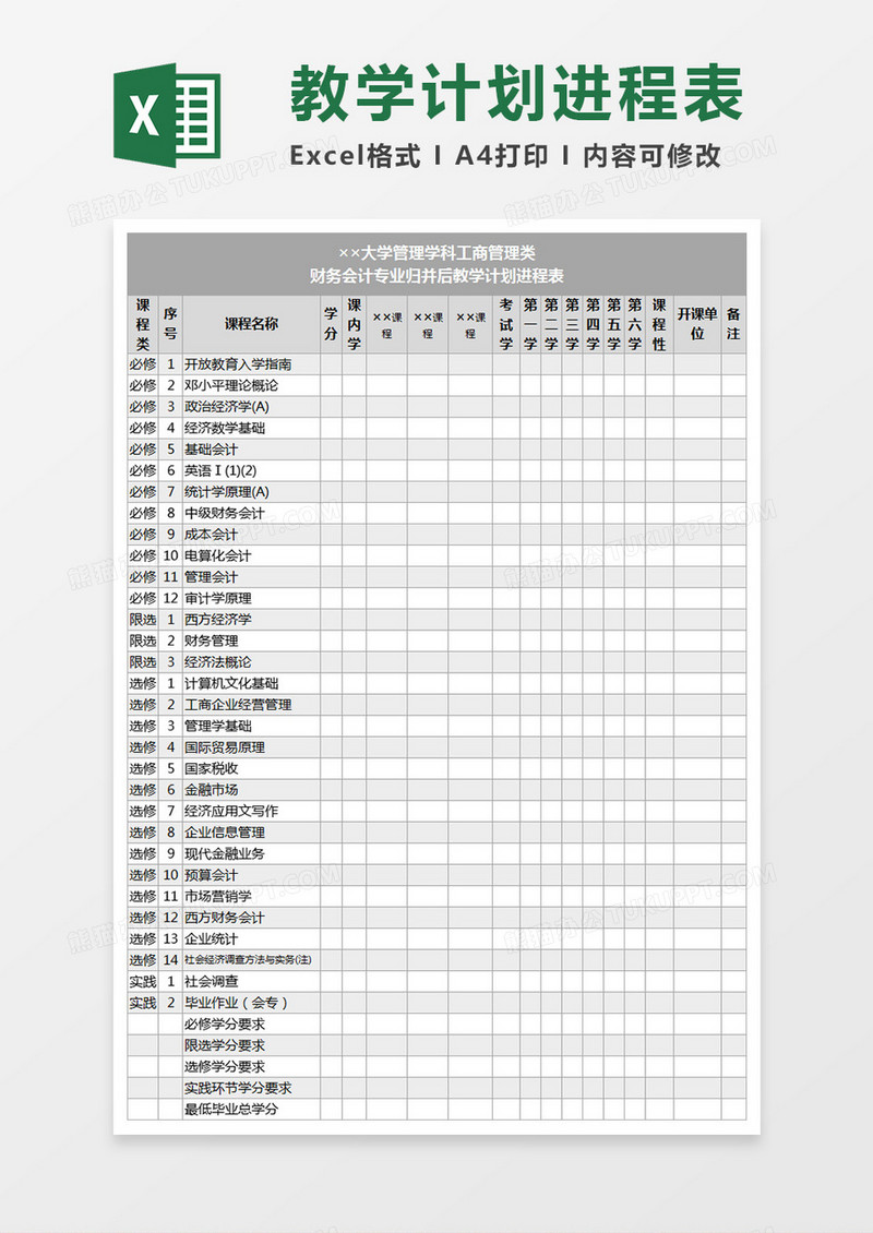 大学管理学科工商管理类教学计划 Execl表格