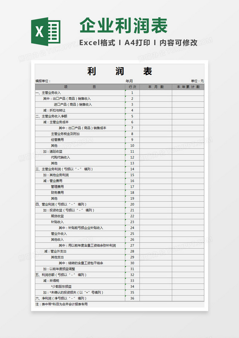 一般企业利润表模板Execl表格