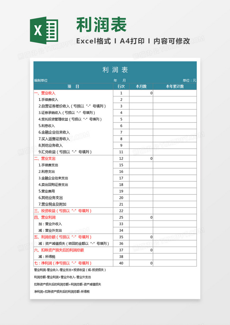 企业利润表Execl表格