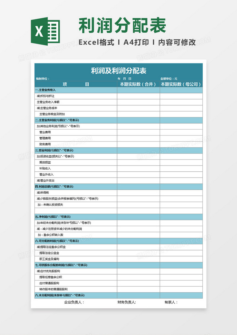 企业利润及利润分配表模板Execl表格