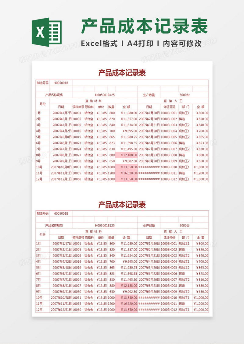 产品成本记录表Execl表格