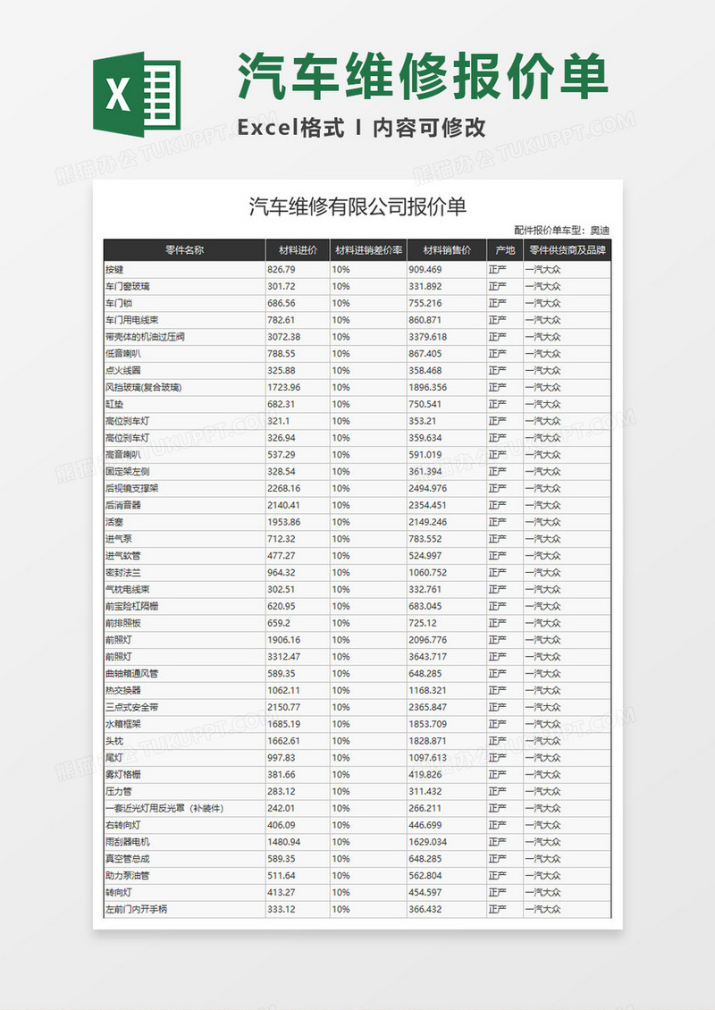 汽车维修有限公司报价单Excel模板