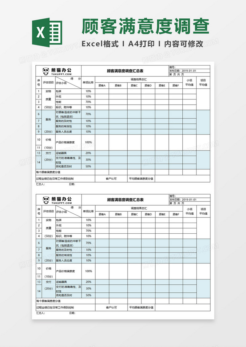 顾客满意度调查汇总表Execl模板