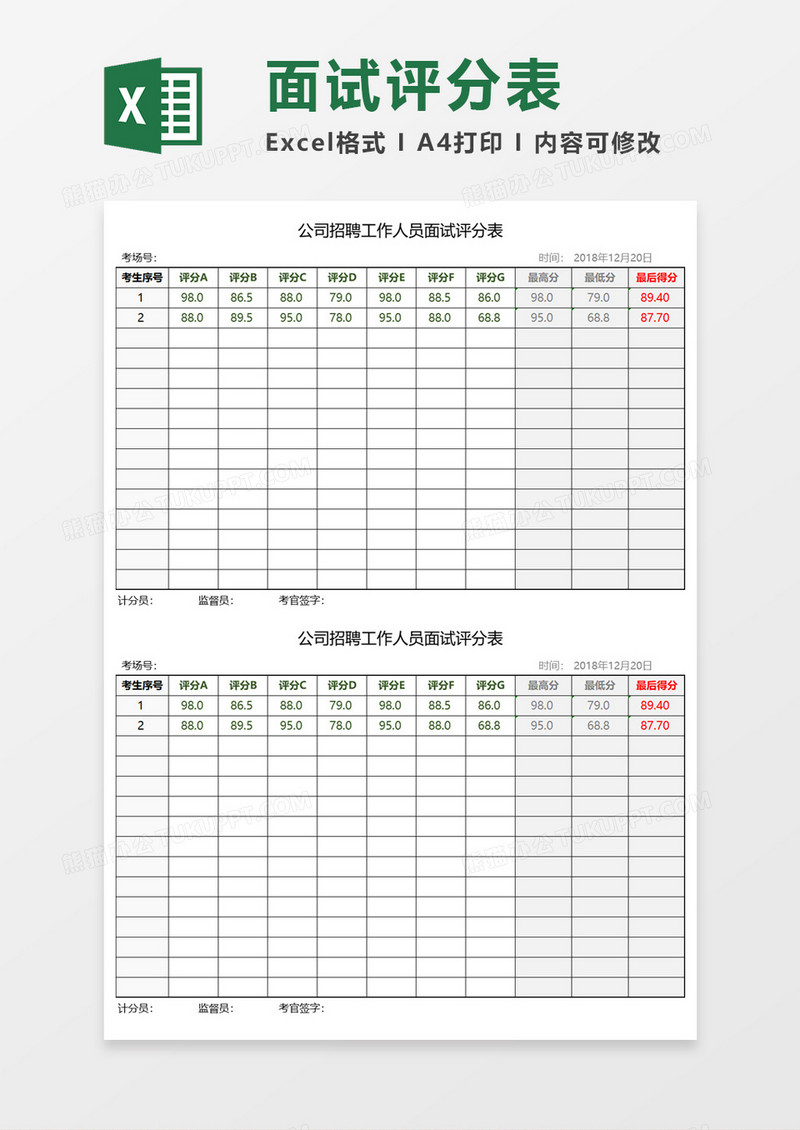 面试评分表Execl模板