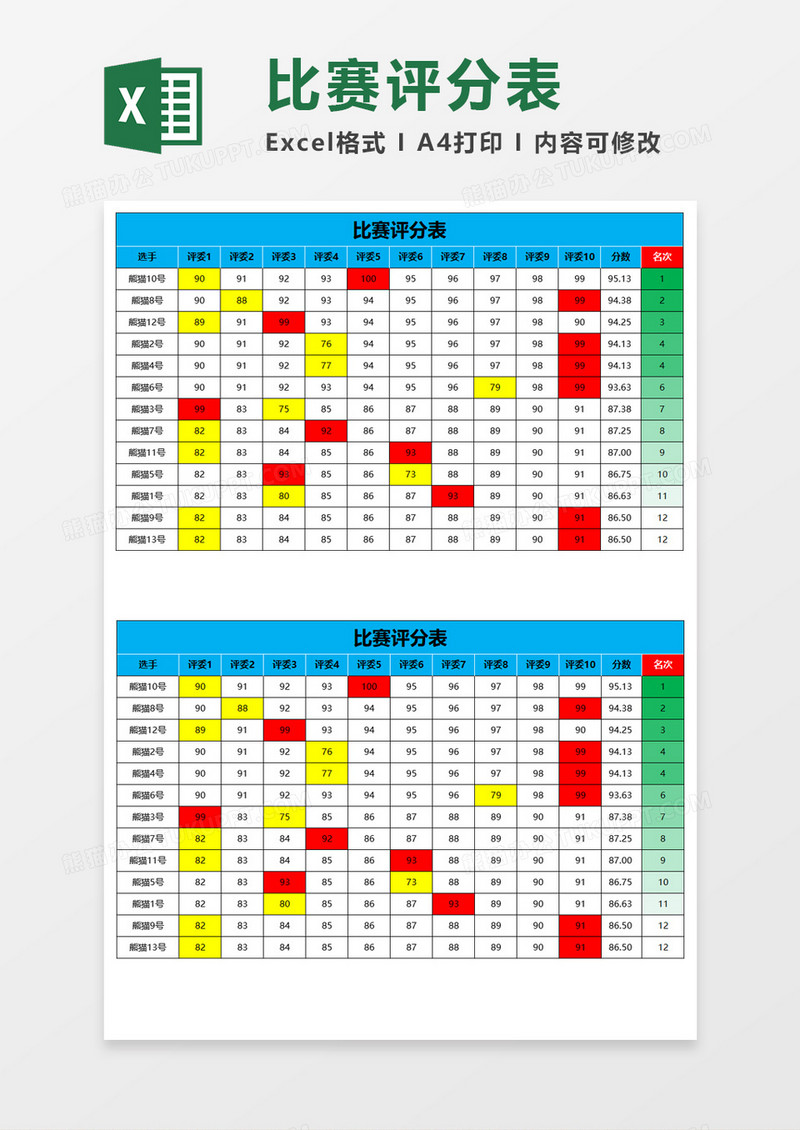 比赛评分表Execl模板