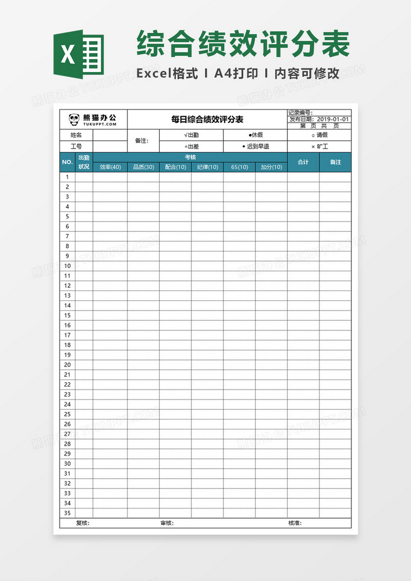 每日综合绩效评分表Execl模板