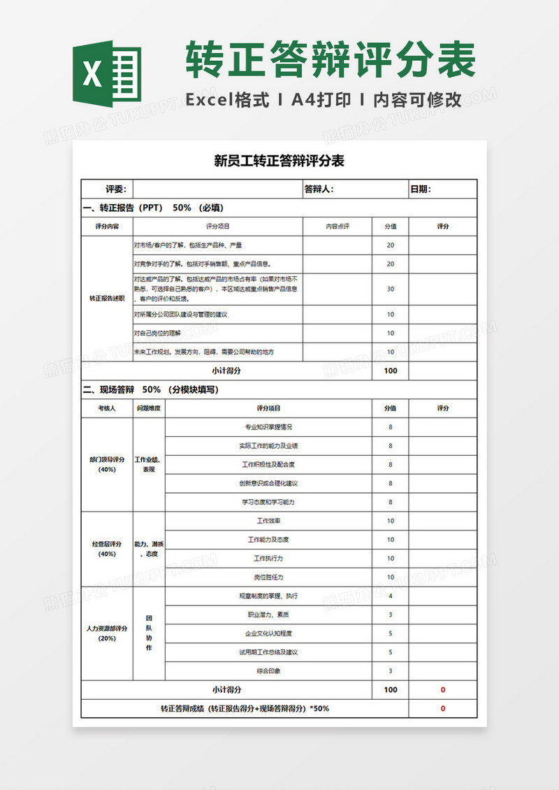 新员工转正答辩评分表Execl模板