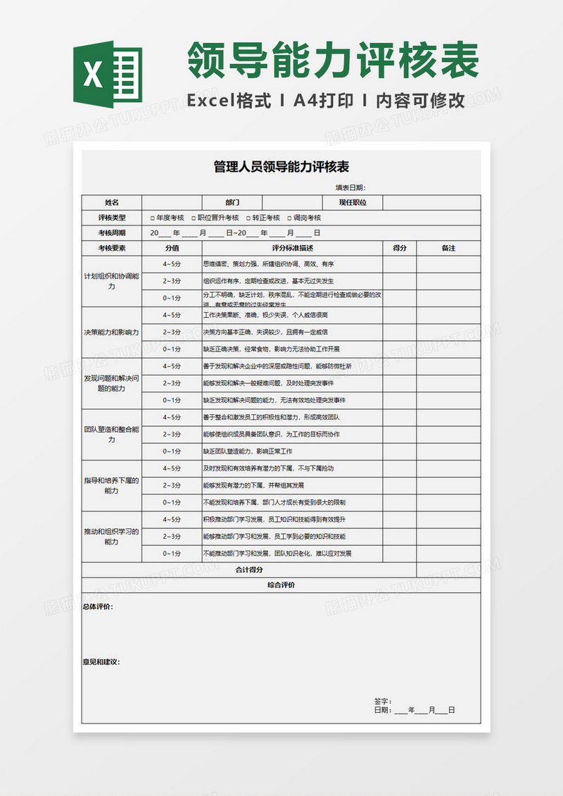 管理人员领导能力评核表Execl模板